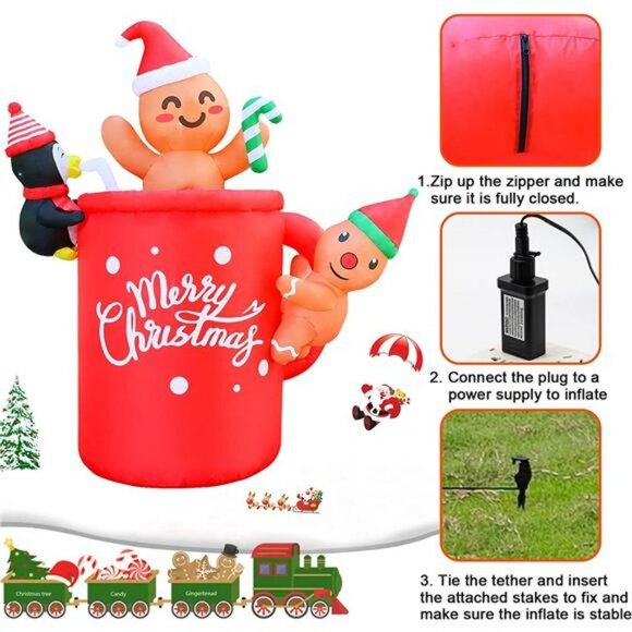 6Ft Inflatable Gingerbread Man in Cocoa Mug with Little Penguin -with LED Lights - Picture 6 of 7